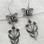 Antique Silver Butterfly Floral Dangle Earrings, Fairycore Earrings Photo 0