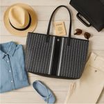 Tory Burch Gemini Link Canvas Tote Navy Black Striped Chain Print Large Bag Photo 15