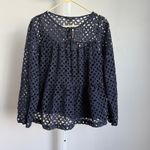 J.Crew Eyelet Top Blouse Womens XXL Navy Blue Long Sleeve Tie Neck New Photo 3