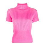 pinko bubblegum barbie pink ribbed knit mock neck short sleeve sweater top Size L Photo 1