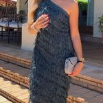ZARA   One-Shoulder Fringe Dress in Teal evening party cocktail maxi midi  Photo 2