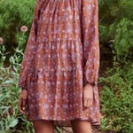 Xirena Lea Cottage Boho Brown Floral Dress Small Oversized Golden Silk Cotton Photo 0