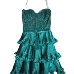 Betsey Johnson  Dress Women 2 Emerald Green Bustier Dress Tiered Ruffle Gold Lace Photo 0