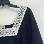 Nanette Lepore  Boho Navy Blue Crinkle Top Lace Trim Square Neck 3/4 Sleeves Sz M Photo 2