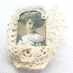 Handmade Crocheted Lace & Vintage Portrait Brooch Gray Photo 0