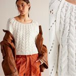 Free People  Chunky Cable Knit Sandre Pullover Sweater Ivory XL Preppy Classic Photo 5