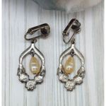 Vintage Silver Tone Drop Dangle Faux Pearl & Floral Hoop Earrings Clip On 1.75" Photo 3