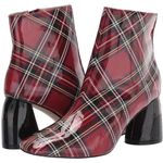 Betsey Johnson Regie Red Tartan Plaid Boots Booties Sz 6.5 Wet Look Chunky Heel Photo 0