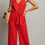 Mango MNG Linen Wrap Jumpsuit Red Wide Leg Sleeveless Has Belt V Neck Sz XL Photo 0