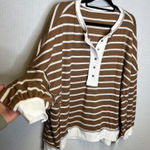 Womens Brown XXL White Stripe Waffle Long Sleeve Henley Thermal Knit Top Shirt Photo 0