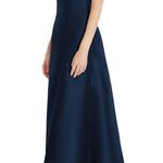 Alfred Sung  Maxi Gown Women's 14R Navy Blue Square Neck Satin A-Line Sleeveless Photo 10