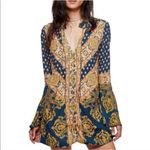 Free People  Blue Gold Magic Mystery Tunic Small Oversized Bell Sleeve Bohemian Photo 5