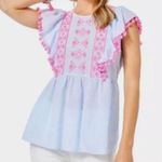 Lilly Pulitzer Raquelle Swiss Dot Dobby Chambray Pom Pom Flutter Top Sz L Photo 0