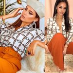 ZARA  Cream Black Brown Chain Link Horsebit Print Satin Tunic Top Coverup Blouse Photo 9