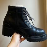 Catherine Malandrino Punk Goth Black High Platform Heel Boots with Striped Laces and Zipper on Side Photo 7