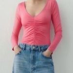 Zara Ruched Elastic V Neck Long Sleeves
Stretchy Bodysuit Size Medium Pink Photo 0
