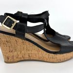 Franco Sarto Corridor Leather T-Strap Cork Wedge Sandals Black Size 7.5 Photo 0