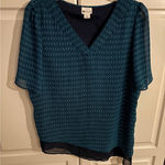 Stylus Teal Geometric Print V Neck Blouse Womens Size Medium Sheer Sleeve Top Blue Photo 0