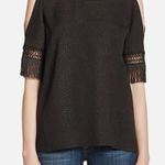 Cooper and Ella 🦋  Black Fringe Sleeve Cold Shoulder Top Snake Embossed Blouse Photo 0