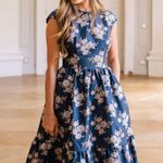 Gal Meets Glam Jenny Wallpaper Rose Brocade Floral Ruffle Knee Length Dress Navy Photo 0