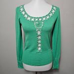 Shy Girl Y2K Mediterranean Green Medium Cutout Beaded Sweater Retro Romantic Photo 1