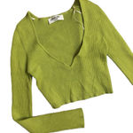 Double Zero  Size M Long Sleeve Plunge Neck Crop Green‎ Pointelle Knit Rib Fitted Photo 0