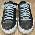 P448  Clara Metallic Faux Fur Lined Platform Slip On Sneakers Black Gold Glitter Photo 2