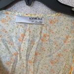 Sophie Rue  Women Sz L Yellow Blue Floral‎ Puff Sleeve Tie Front Top Cottagecore Photo 2