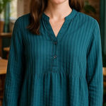 Jacqueline Riu Blouse Striped‎ Button Down Long Sleeve Teal Green Medium Photo 0
