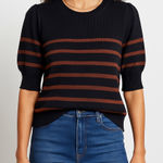 Evereve Tessa Puff Sleeve Sweater Black Brown Striped Crew Neck Size Small Photo 0