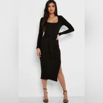 Topshop  Long Sleeve Square Neck Belted Jersey Ribbed Midi Dress in‎ Black Size 4 Photo 6