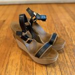 Tory Burch Wedges Size 10 Two Tone Black Leather Logo Khaki Brown Burlap EUC Photo 0