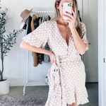 Majorelle Revolve Portia Taupe & White Polka Dot Mini Wrap Tie Dress Photo 0