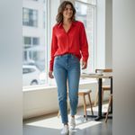 A New Day NWT ong Sleeve Collared Satin Button Down Shirt Scarlet Red. XS Photo 1