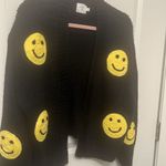 NWT Luna Ivy Puff Smiley Face Open Front Cardigan Chunky Oversize Black Size XS Yellow Photo 4