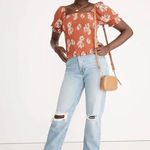 Madewell Orange White Floral Georgette Lucie Puff-Sleeve Smocked Bodice Top XL Photo 0