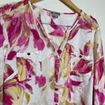 JM Collection  Linen Floral Button Down Blouse Top Wmns Sz 18 Pink Tan Roll Tab Photo 2