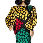 1980s Guy Laroche Silk Colorblock Mosaic Printed Dress Dolman sleeve size small Black Photo 4