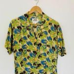 Flax Green Tropical Palm Print Full Length Dress Button Up Pockets Collar Rayon Photo 11