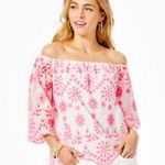 Lilly Pulitzer White Neon Pink Laurenne Off-the-Shoulder Summer Top Shirt XS Photo 0