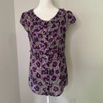 Milly  purple, black & white floral button front cap sleeve silk top size 8 Photo 1