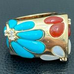 PJM 925 Gold Over Sterling CZ Turquoise Carnelian Gem Flower Design Ring Size 6 Photo 15