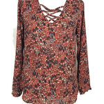 Veronica M  Blouse Womens Size‎ S All Over Feather Print Caged Criss Cross Neck Photo 0