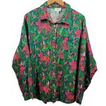 Palms Away Top Women L Green Pink Linen Button Down Shirt Spring Leopard Novelty Size L Photo 0