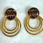 Vintage Gold Tone Earrings With Glass Brown Black Cream & Copper Feather Design Photo 0