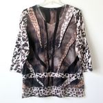 BLEU Brown Tan Cheetah Leopard Watercolor Bedazzled Flowy Blouse Medium Photo 0