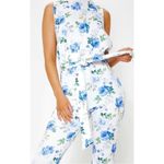 Pretty Little Thing PLT White Blue Floral Scuba High Neck Tie Waist Jumpsuit Women’s Size 12 Photo 3