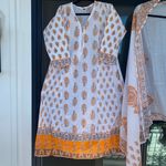 Indian Designer Kurta Palazzo Dupatta Set Women Salwar Kameez Ready To Wear Suit Gold Size XL Photo 3