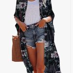 Hibluco Sheer Chiffon Black Floral Kimono Cardigan Long Swimwear Cover Up Sz 2XL Photo 0