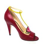 Gucci  Molina Embroidered Lips T-Strap Red/Gold Leather Pumps 37.5 Photo 1